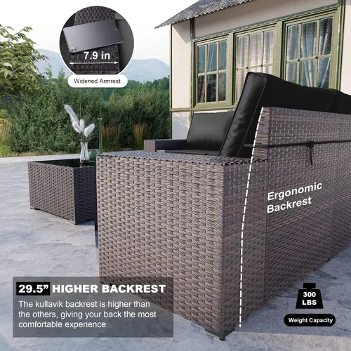 Vista 2 de Kullavik - Juego de muebles para exterior de 6 piezas con sofá modular de ratán de polietileno, color negro