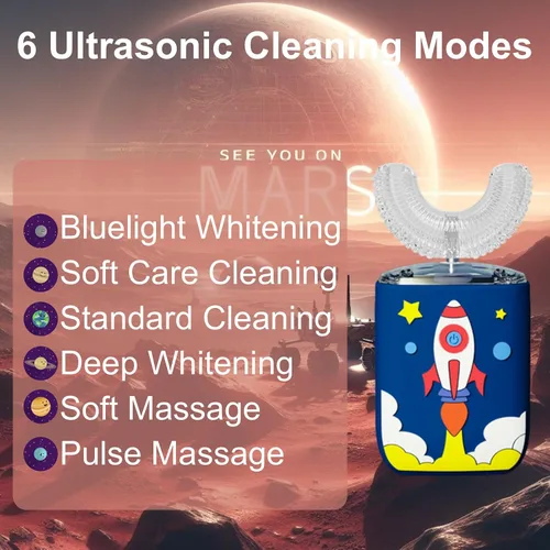 Vista 5 de Cepillo de dientes eléctrico en forma de U para niños, cepillo ultrasónico automático con 5 cabezales de cepillo, 6 modos de limpieza, impermeable