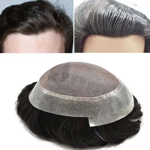Vista 8 de Peluca tipo tupé para hombre, sistema de repuesto de cabello humano #1B, negro natural, duradero, monofilamento fino, monofilamento, piel