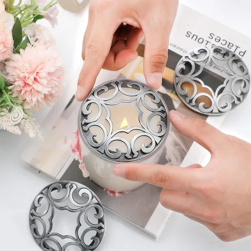 Vista 4 de Shellwei 4 piezas de velas perfumadas para quemar uniformemente cubiertas de metal plateado, cubierta decorativa para velas, tapas talladas