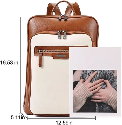 Vista 3 de CLUCI Mochila de cuero para computadora portátil de 15.6 pulgadas para mujer, mochila grande de viaje para negocios, trabajo, color blanco roto