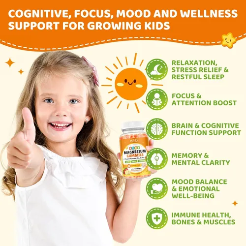 Vista 3 de Gomitas de glicinato de magnesio para niños, suplemento cerebral para la memoria y la concentración con fosfatidilserina, L-teanina, zinc para niños