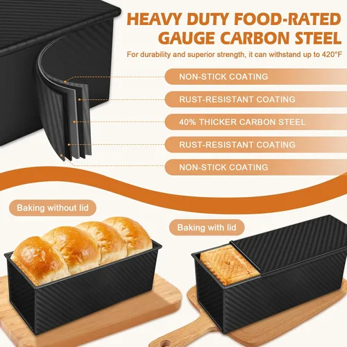 Vista 5 de Paquete de 2 moldes para pan con tapas – Capacidad de masa de 2.2 libras y 1 libra, moldes para pan de acero al carbono antiadherentes para pan
