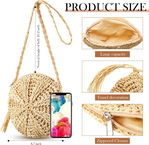 Vista 5 de Bolsos de paja tejidos de verano, bolso de mano cruzado con 4 pares de aretes, aretes de ratán bohemio para mujeres y niñas