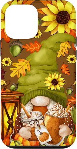 Vista 16 de iPhone 13 Pro Max Lindo gnomo de especias de calabaza con árbol de otoño hojas de otoño