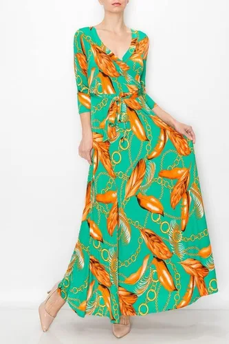 Vista 6 de MadeInUSA - Vestido largo estampado con cuello en V para mujer con mangas 34.