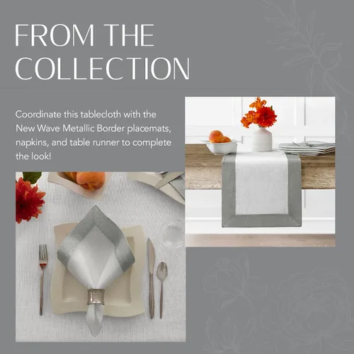 Vista 6 de Elrene Home Fashions Villeroy and Boch New Wave - Mantel de tela de lino con borde metálico, redondo, 90 pulgadas, blanco/plateado