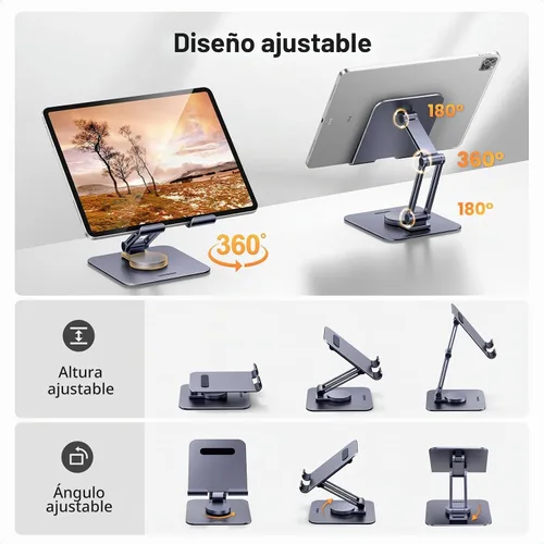 Vista 2 de UGREEN Soporte para tablet para escritorio giratorio con base giratoria de 360°, soporte portátil de aluminio, ajustable, accesorios de oficina