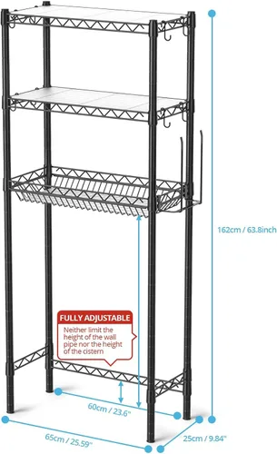 Vista 3 de Hodonas Estante de almacenamiento sobre el inodoro, organizador de baño ajustable con soporte para papel higiénico y 8 ganchos, 3 niveles de metal