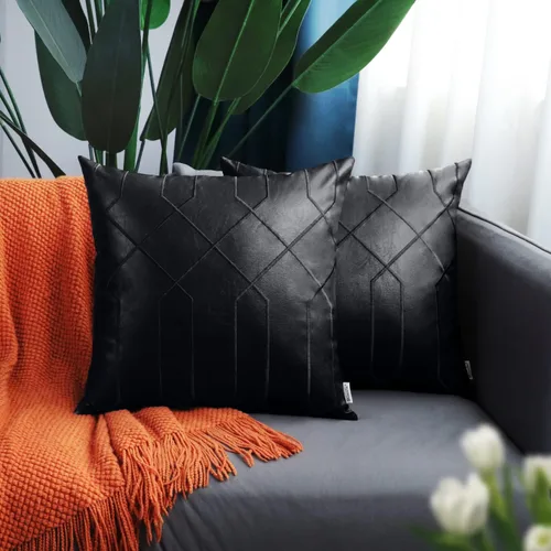 Vista 2 de BRAWARM Fundas de almohada de cuero 16 X 16 pulgadas, paquete de 2 fundas de almohada de cuero sintético negro, fundas de almohada decorativas
