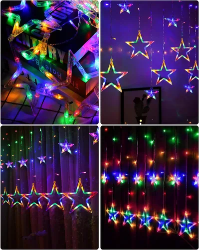 Vista 5 de Blingstar Luces de Cortina de Estrellas 138 LED 12 Estrellas Multicolor Luces de Navidad 8.2 Pies Luces de Ventana Conectables con Control Remoto