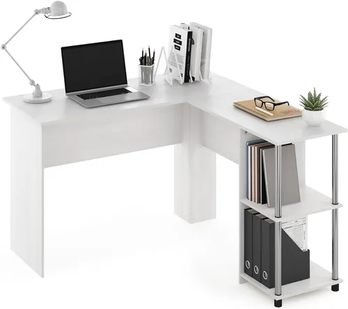 Vista 17 de Furinno Escritorio clásico, escritorio para juegos en forma de L de 40 pulgadas de ancho, escritorio para computadora, escritorio con estantes
