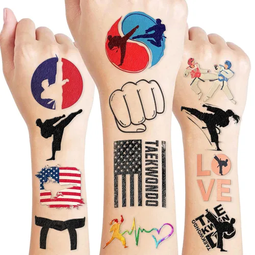 Vista 5 de 96 tatuajes temporales precortados de Taekwondo - Recuerdos de fiesta temática de karate y kung fu, lindos tatuajes falsos para niños, niños