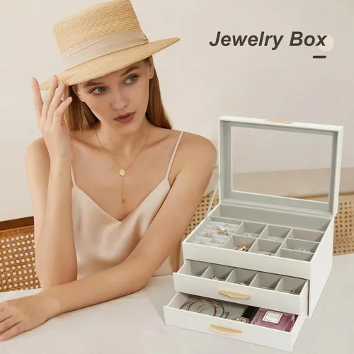 Vista 2 de V-LAFUY Joyero con tapa de vidrio, caja organizadora de joyas de 3 capas y 2 cajones, vitrina de joyería, organizador de joyas, cajas de joyería