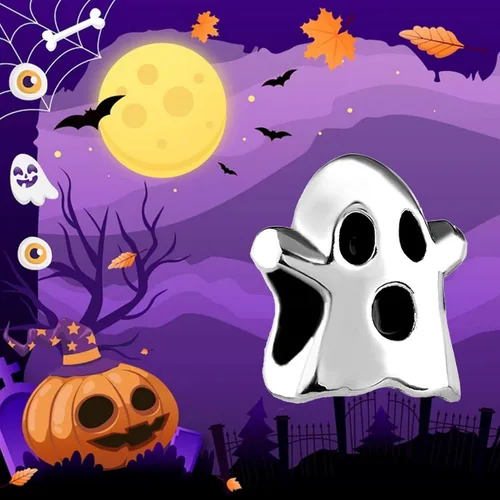 Vista 5 de Fantasma espeluznante de Halloween con dije de linterna de calabaza compatible con pulseras Pandora