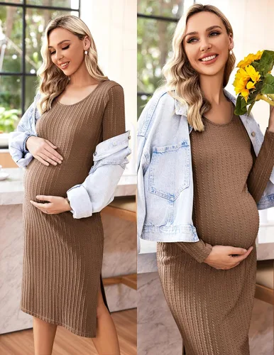 Vista 2 de Ekouaer Maternity Dress Rib Knit Long Sleeve Side Slit Bodycon Dresses Pregnancy Baby Shower Clothes S-XXL