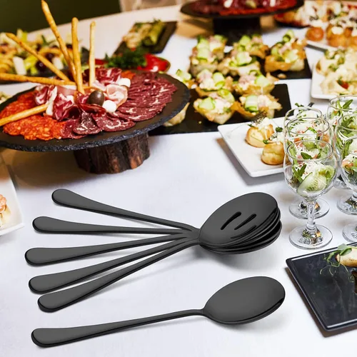 Vista 2 de LIANYU Juego de 6 cucharas y tenedores negros para servir, 8 3/4 pulgadas, acero inoxidable, para bufé, catering, fiesta, banquete, servir, tenedor