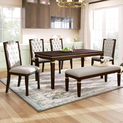 Vista 10 de Harper & Bright Designs Juego de 6 sillas de mesa de comedor de cocina, mesa rectangular de 60 pulgadas y 4 sillas copetudas de respaldo alto y 1
