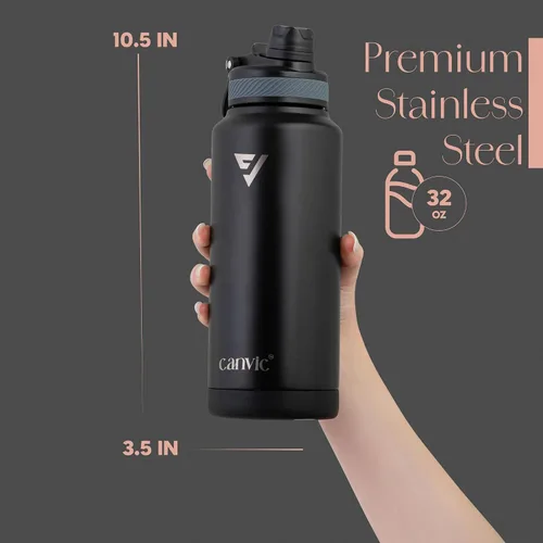 Vista 3 de Canvic DualSip - Botella de agua de acero inoxidable aislada al vacío de 32 onzas, 2 tapas a prueba de fugas (pajilla y pico), boca ancha, sin BPA