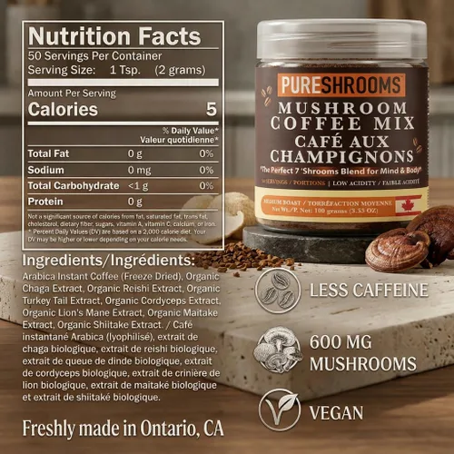Vista 2 de PureShrooms Perfect 7 - Café de hongos – Arábica instantánea de origen único con melena de león orgánica, Reishi y Cordyceps – Bebida