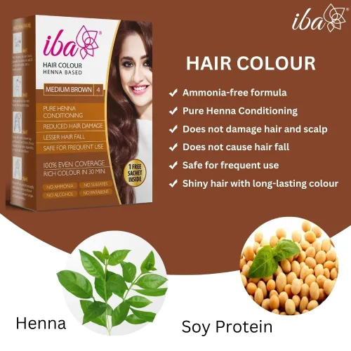 Vista 2 de Iba - Coloración de cabello castaño medio para mujer, bolsita de polvo 100 % pura a base de henna, color natural para el cabello y larga duración