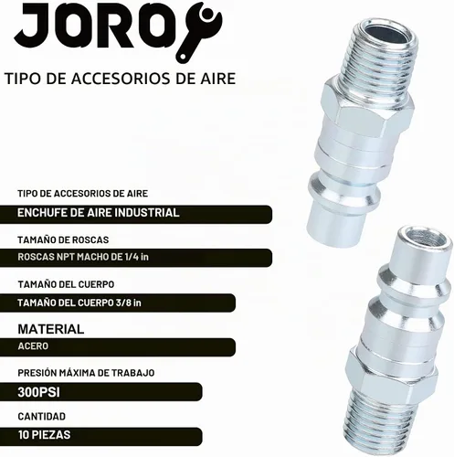 Vista 2 de Accesorios de manguera de aire de alto flujo de 3/8, enchufe industrial tipo M, tamaño de flujo alto de 3/8 pulgadas, tamaño de rosca macho de 1/4