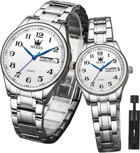 Vista 58 de OLEVS Juego de 2 relojes de cuarzo para parejas de San Valentín, calendario luminoso, ventana de fecha, 3 ATM, impermeable, casual, acero