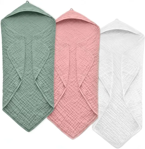 Vista 7 de Toallas de bebé con capucha para recién nacido, 35 x 35 pulgadas, paquete de 3 toallas de baño 100% algodón de muselina para bebé, toallas de playa
