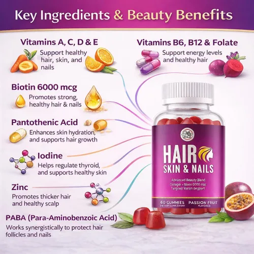 Vista 4 de Grab The Gold Vitaminas para el cabello, la piel y las uñas para mujeres, gomitas con 6000 mcg de biotina y colágeno, 10 vitaminas y minerales