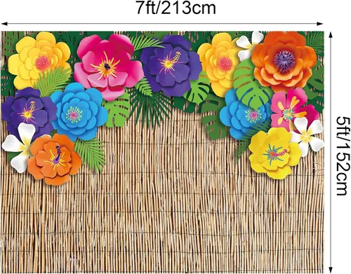 Vista 2 de VitalCozy Telón de fondo hawaiano para fotografía de playa de 7 x 5 pies, decoración de fiesta de Aloha Luau, flores de hibisco tropical, hojas