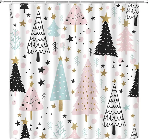 Vista 17 de GCTNBJL Cortina de ducha navideña para RV, diseño de árbol de pino, copo de nieve, estrella, bosque, vacaciones de invierno, naturaleza rústica