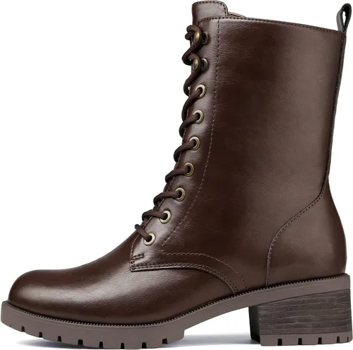 Vista 4 de DREAM PAIRS Botas de combate con cordones, botas militares de invierno a media pantorrilla para mujer