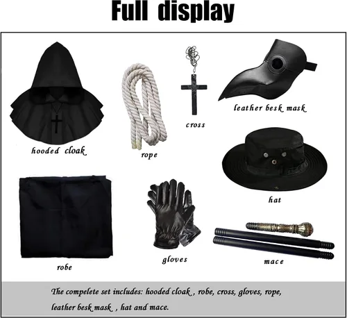 Vista 2 de Mecamelon Disfraz de médico de la peste para adultos, Halloween, cosplay, traje de monje medieval, bata de capa