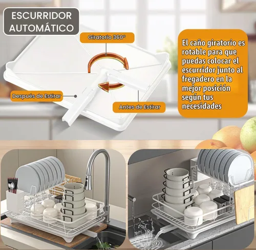 Vista 6 de Vergissm Escurridor de platos, escurridor de platos de drenaje automático para encimera de cocina, estante desmontable de gran capacidad