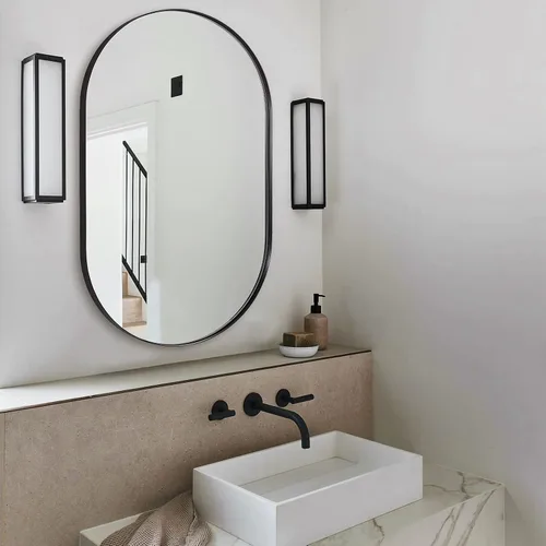 Vista 38 de ANDY STAR Espejo ovalado de 24x32 pulgadas, espejo ovalado negro de diseño en forma de píldora en marco de metal de acero inoxidable para baño