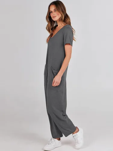 Vista 4 de ANRABESS Enterizo de verano de manga corta con cuello en V para mujer, estilo casual, holgado, con bolsillos