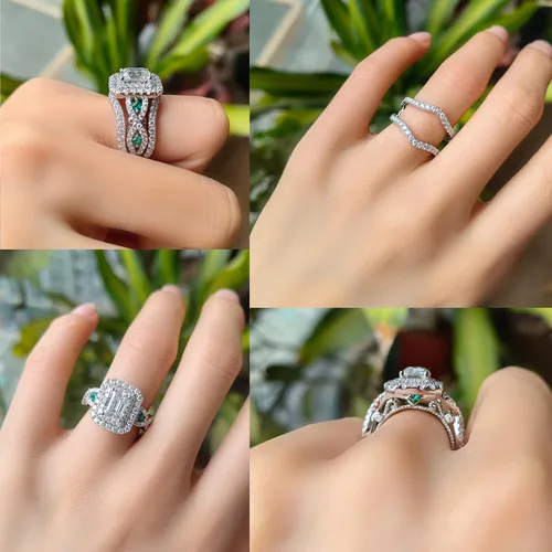 Vista 5 de DovEggs 4.3ct Total 6x8mm GHI Color Emerald Cut Moissanite Antqiue Double Halo Engagement Ring Zambia Emerald Sapphire Curved Enhancer Guard Band