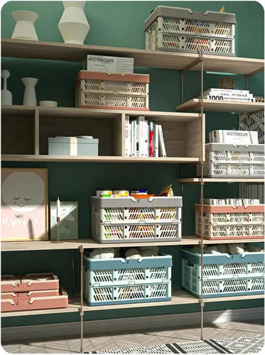 Vista 3 de Cajón de almacenamiento de plástico, cesta de almacenamiento plegable apilable de 20 litros, azul cielo y azul gris, M