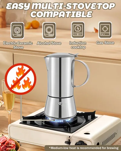 Vista 5 de Cafetera Express de acero inoxidable 304, 2 tazas de 3.3 oz/3.4 fl oz, cafetera italiana para el hogar, cocina y campamento, todas las estufas