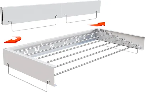 Vista 8 de Estante de secado de ropa oculto montado en la pared, organizador de lavandería extraíble con 5 varillas de acero inoxidable, plegable y plegable