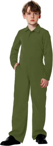 Vista 2 de AOBUTE Mono de color sólido para niños con bolsillos de 3-14 años Verde militar
