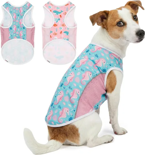 Vista 19 de Camiseta para perro con protección solar UPF 50+, paquete de 2 chalecos ligeros sin mangas para perros pequeños y niñas, tiras reflectantes, ropa