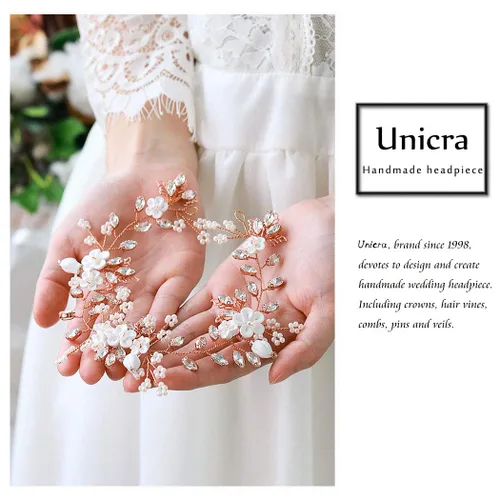 Vista 4 de Unicra Flores de novia para el cabello de boda, perlas de vid, pieza de pelo de novia, accesorios para el cabello de cristal para mujeres y niñas