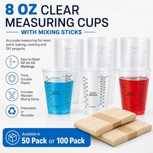 Vista 2 de Vasos medidores de plástico con varillas de mezcla, taza transparente de 8 onzas, paquete de 50 Tazas medidoras desechables con palos, mezcla
