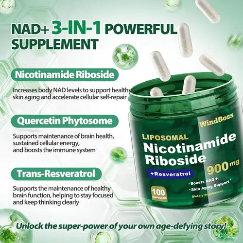 Vista 6 de Suplemento liposomal NAD+ con ribósido de nicotinamida y resveratrol - Suplemento NAD para mujeres y hombres - Energía celular, salud mitocondrial