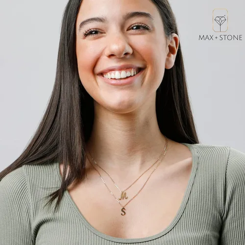 Vista 2 de MAX + STONE Collar extensible de oro blanco o amarillo sólido de 10 quilates, con letra inicial delicada, 16+2 pulgadas, Metal