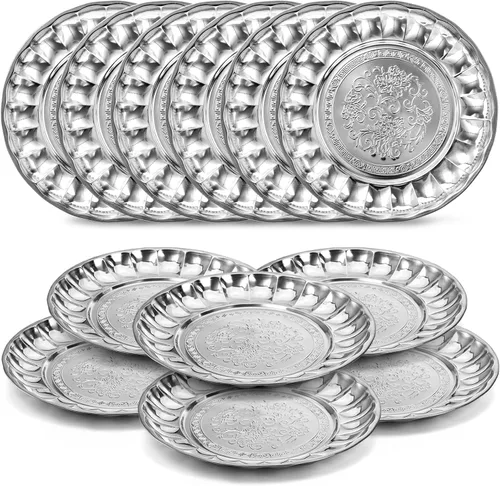 Vista 3 de DEAYOU Paquete de 12 platos redondos de acero inoxidable, platos llanos grandes de 12 pulgadas para comer, bandejas plateadas para servir fiestas