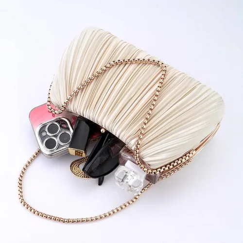 Vista 7 de FALETO Bolso de mano para mujer, de satén, plisado, de noche, bolso de mano de boda, con cadena, para baile de graduación, cóctel, fiesta