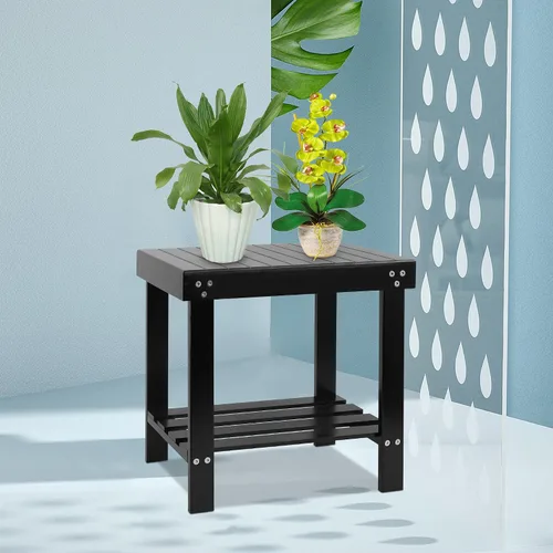 Vista 5 de VaeFae Taburete de bambú para asiento de spa, reposapiés, taburete de afeitado con pies antideslizantes, estante de almacenamiento para toalla