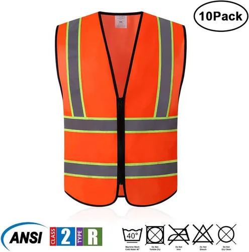 Vista 2 de Tekware Chaleco de seguridad con tiras altamente reflectantes, paquete de 10 protectores de construcción de color neón brillante con cremallera